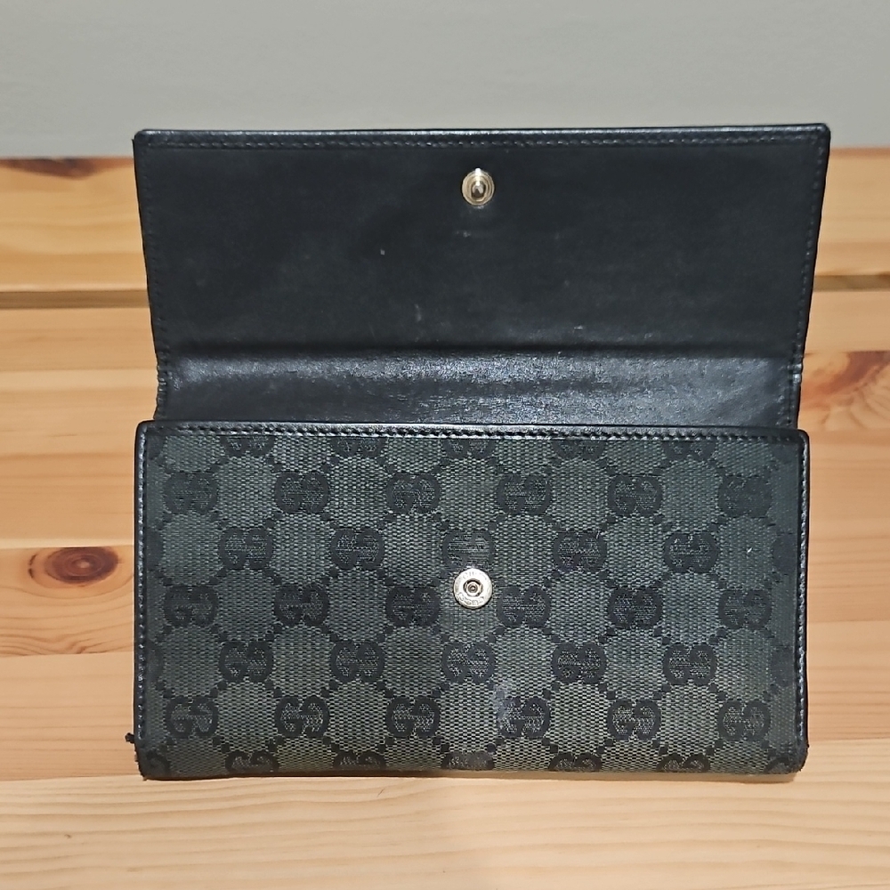 Gucci GG Monogram Black Canvas Leather Trifold Long Continental Wallet Vintage - Picture 2 of 15